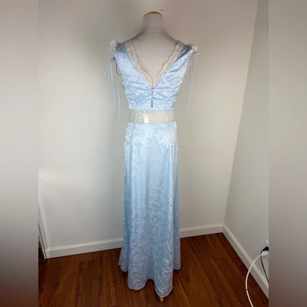 NWT For Love & Lemons Hattie Satin Slip Maxi Dress Blue Floral Lace Size XS - Picture 9 of 11